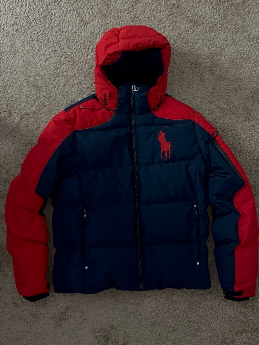 Ralph Lauren Navy and Red Quilted Hooded Puffer Jacket